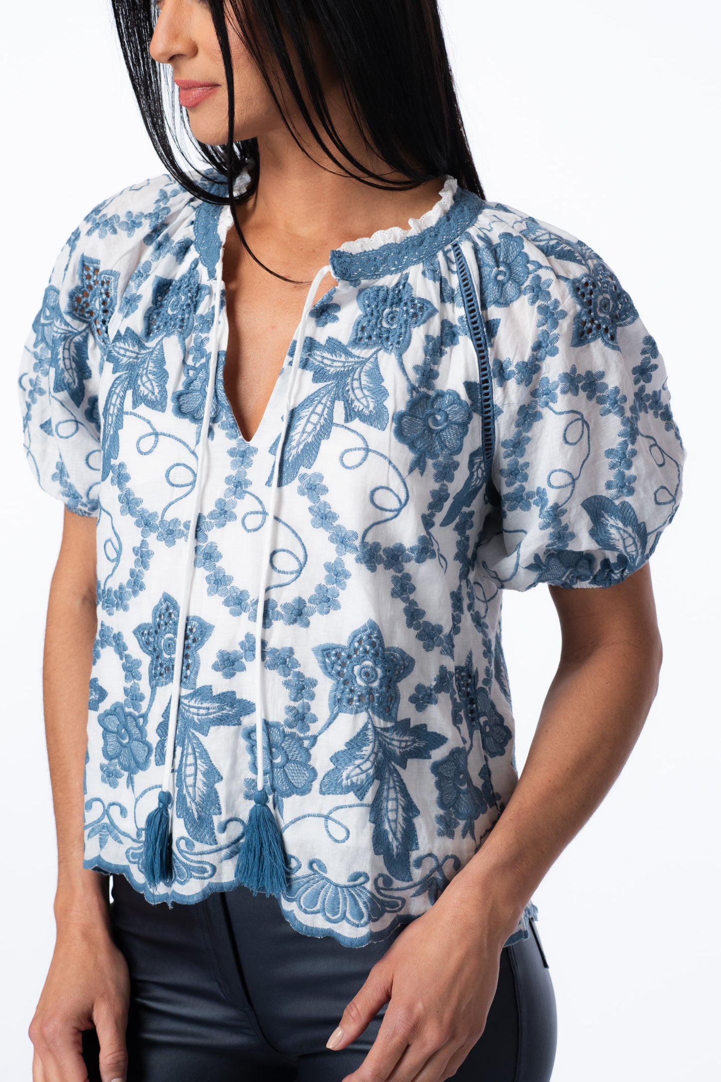 Embroidered Puff Sleeve Cotton Blouse