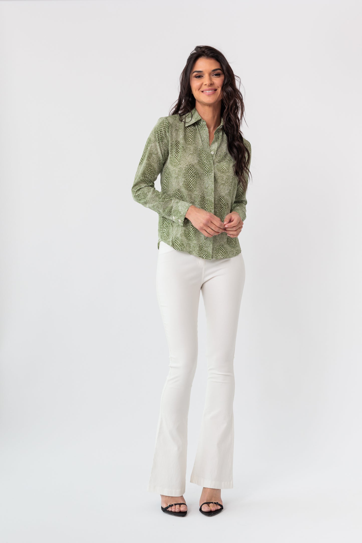 Frayed Printed Classic Button-Down Blouse
