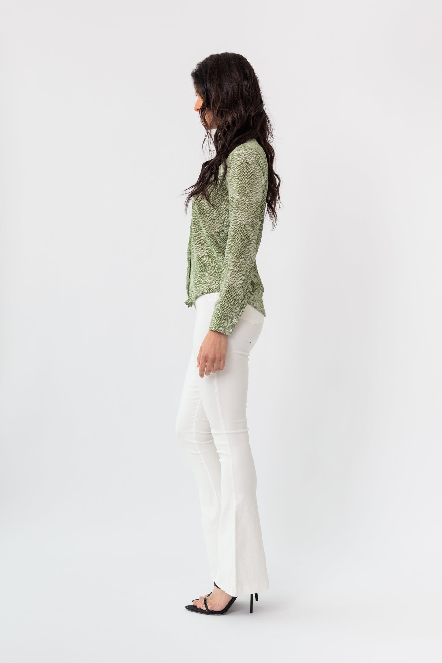 Frayed Printed Classic Button-Down Blouse
