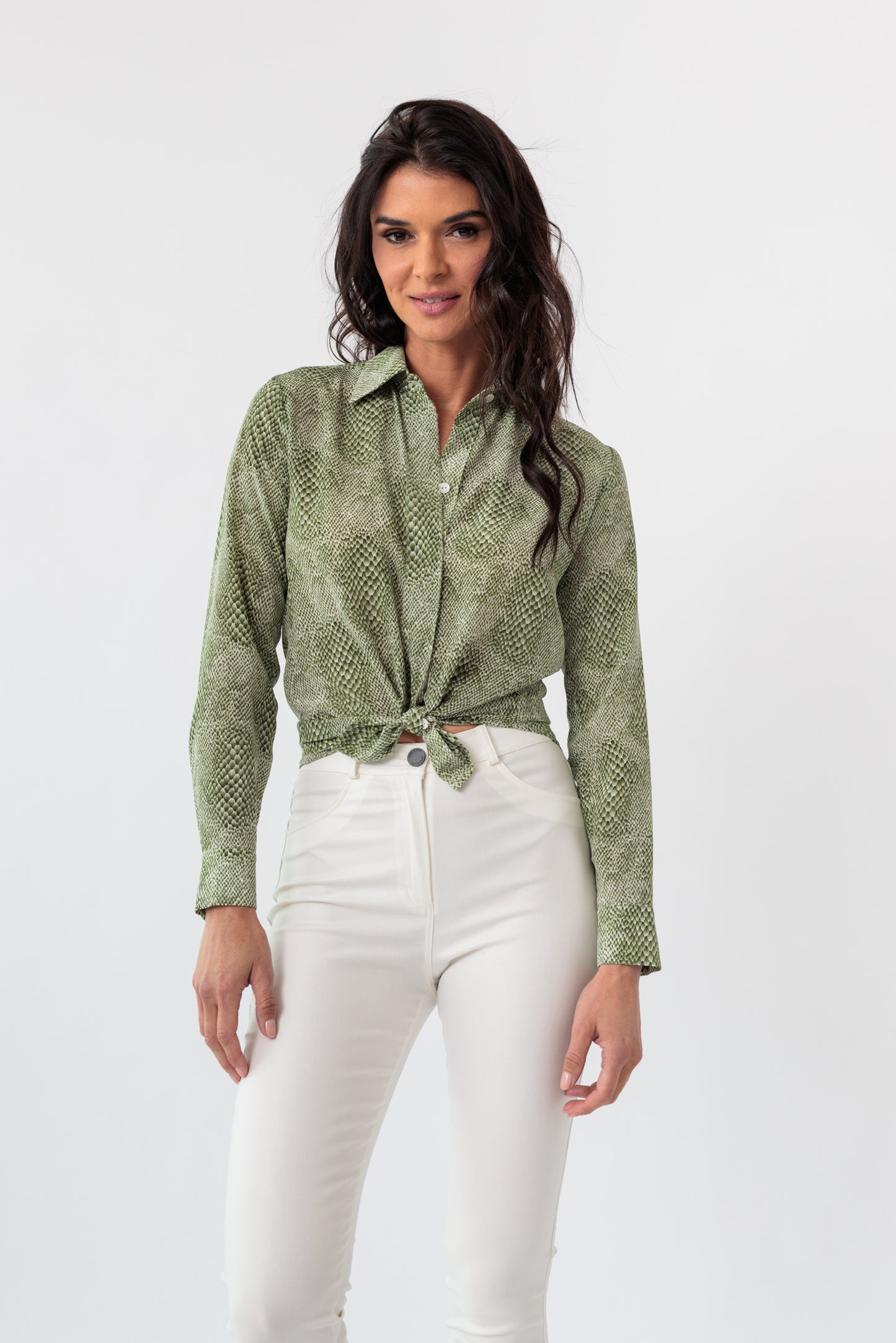 Frayed Printed Classic Button-Down Blouse