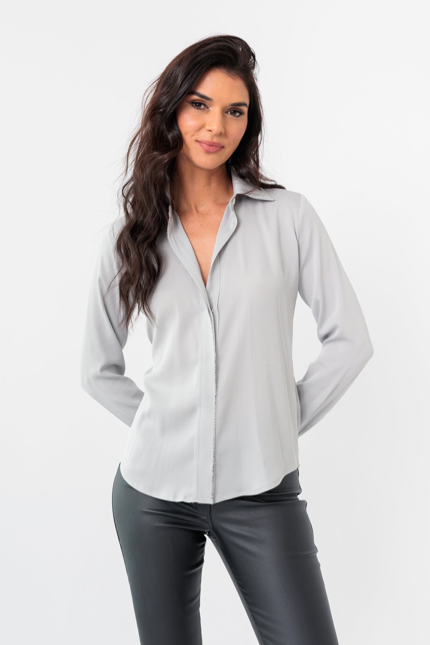 Eyelash-Frayed Classic Button-Down Blouse