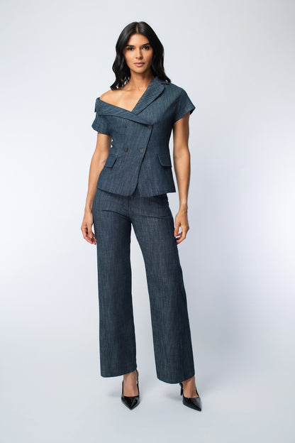 Cold Shoulder Denim Double Breasted Jacket