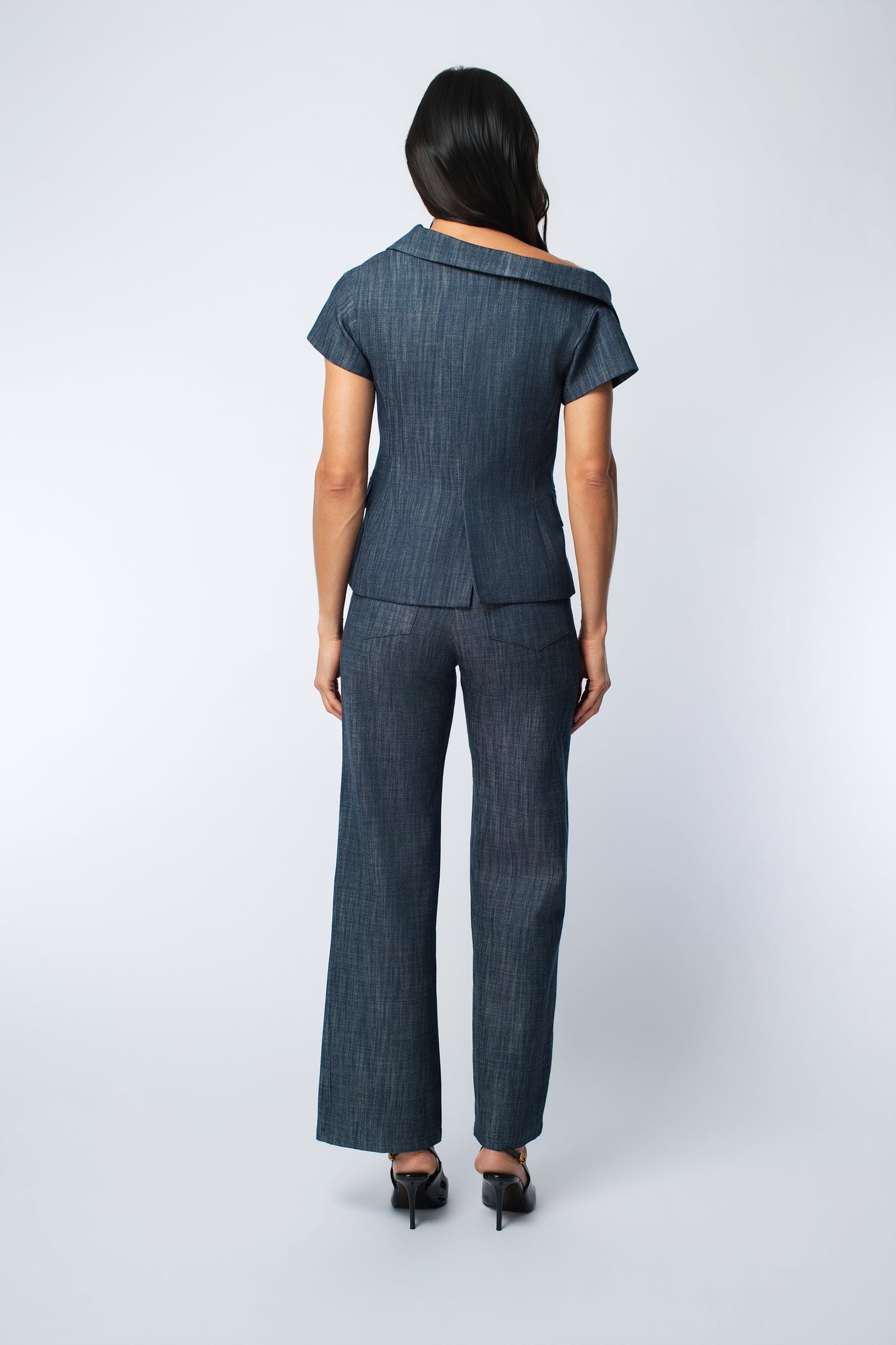Cold Shoulder Denim Double Breasted Jacket