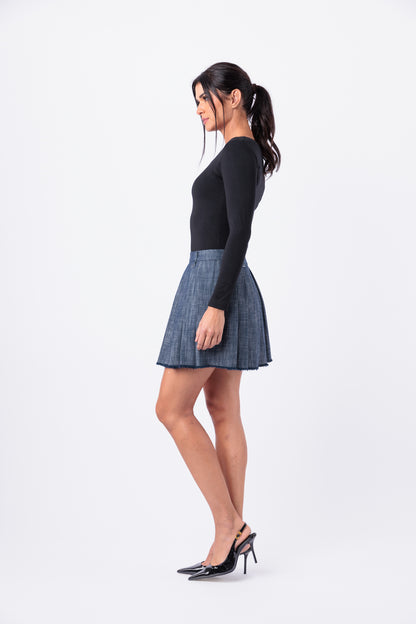 Pleated Denim Mini Skirt