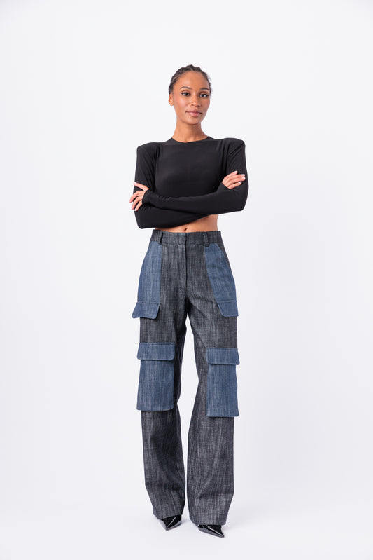 Contrast Denim Utility Wide Leg Cargo Pant