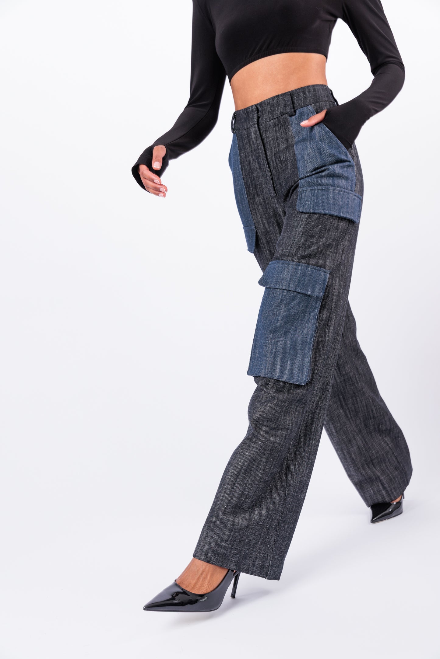 Contrast Denim Utility Wide Leg Cargo Pant