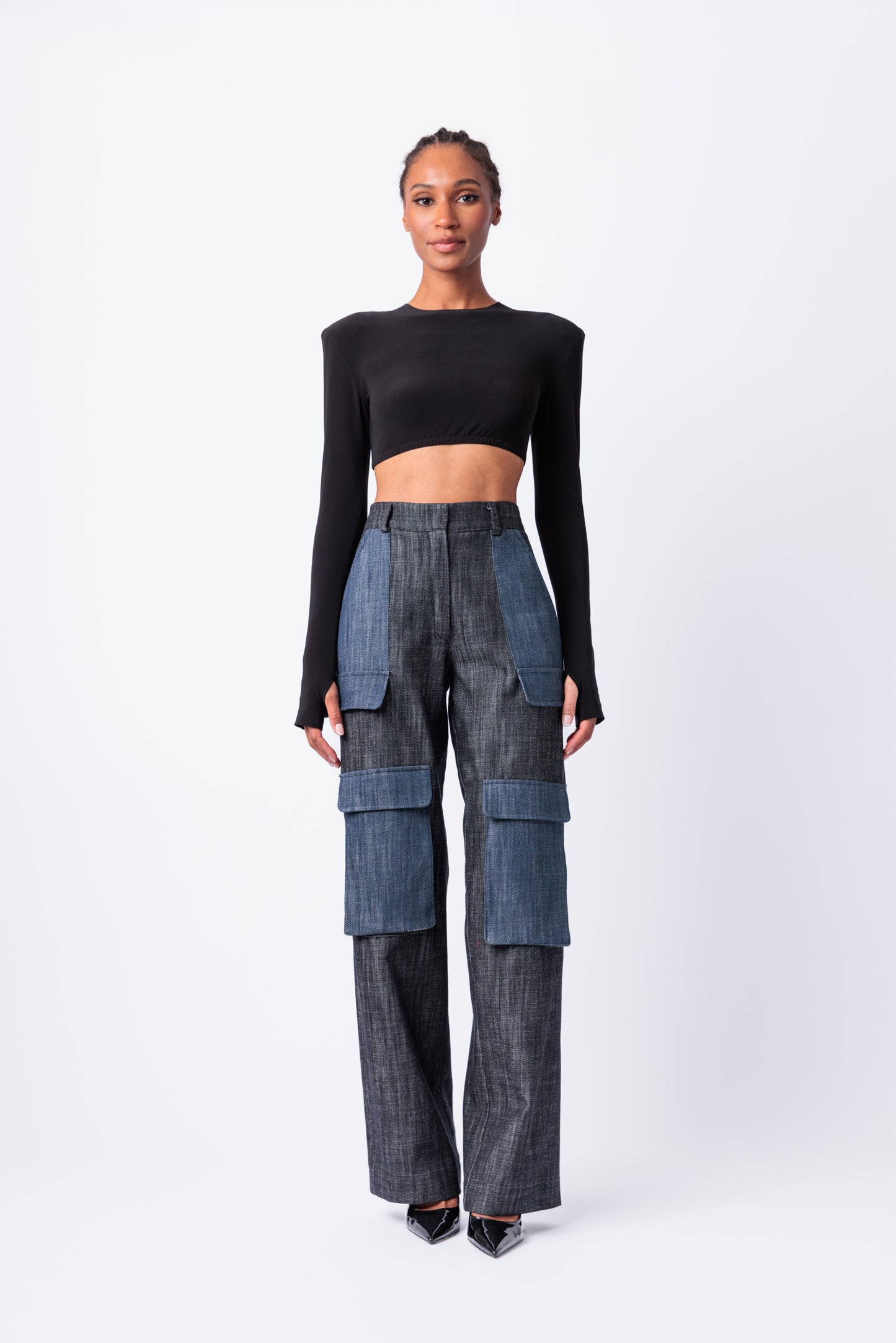 Contrast Denim Utility Wide Leg Cargo Pant