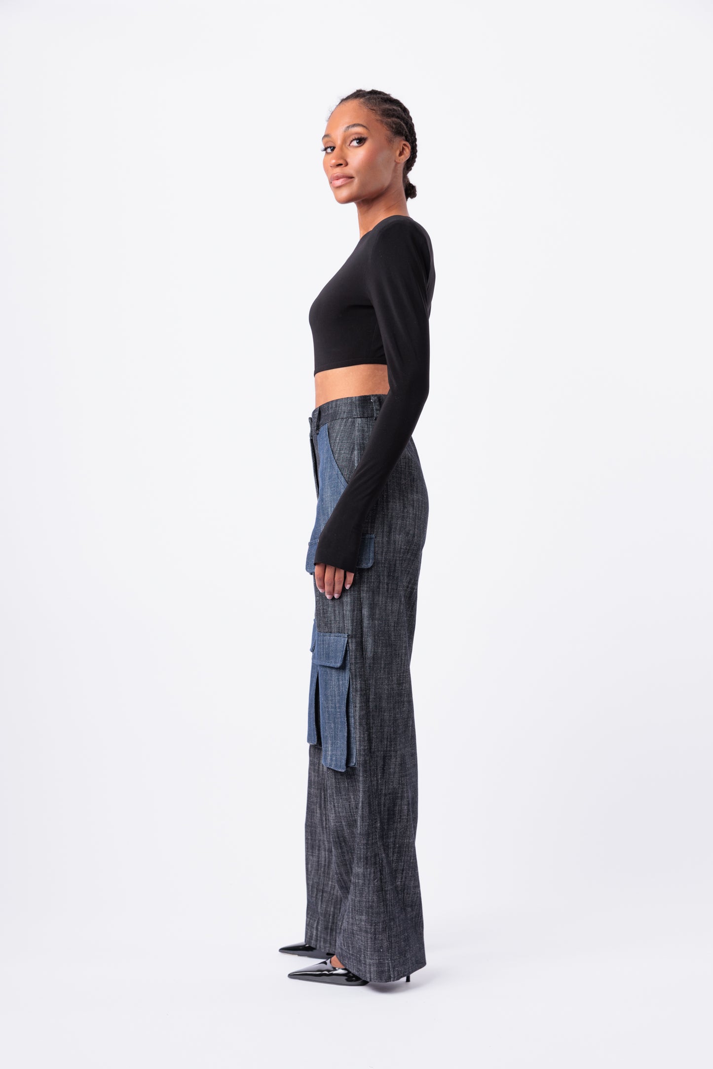 Contrast Denim Utility Wide Leg Cargo Pant