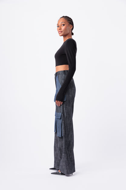 Contrast Denim Utility Wide Leg Cargo Pant