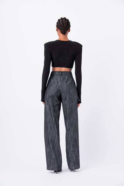 Contrast Denim Utility Wide Leg Cargo Pant