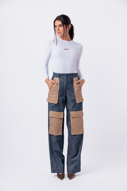 Contrast Denim Utility Wide Leg Cargo Pant