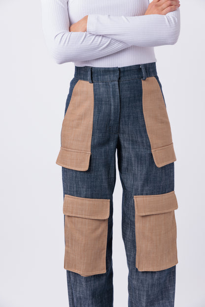 Contrast Denim Utility Wide Leg Cargo Pant