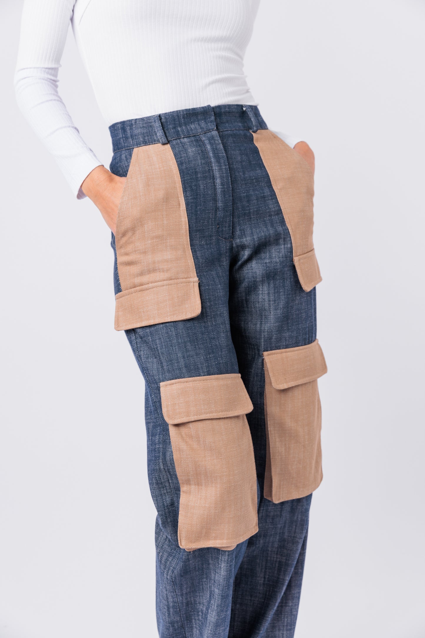Contrast Denim Utility Wide Leg Cargo Pant