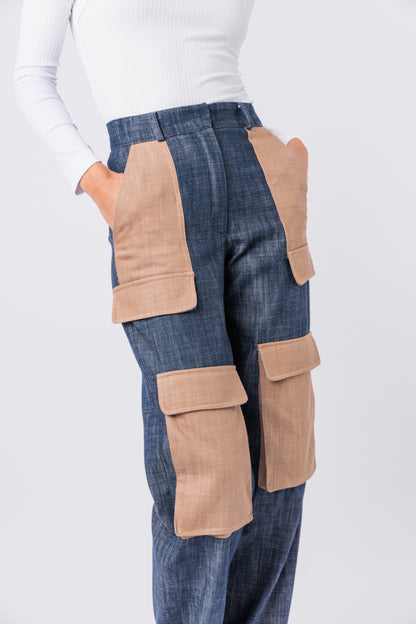 Contrast Denim Utility Wide Leg Cargo Pant