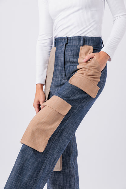 Contrast Denim Utility Wide Leg Cargo Pant