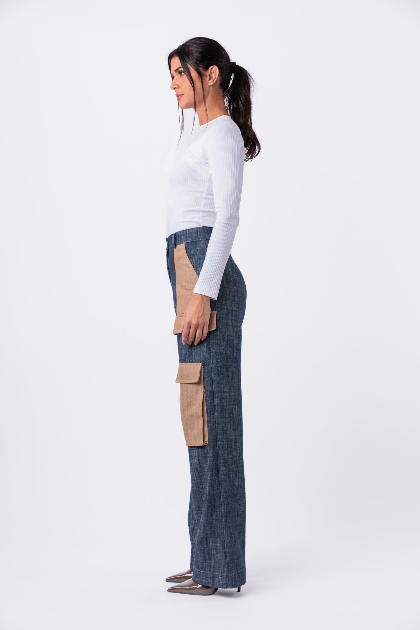 Contrast Denim Utility Wide Leg Cargo Pant