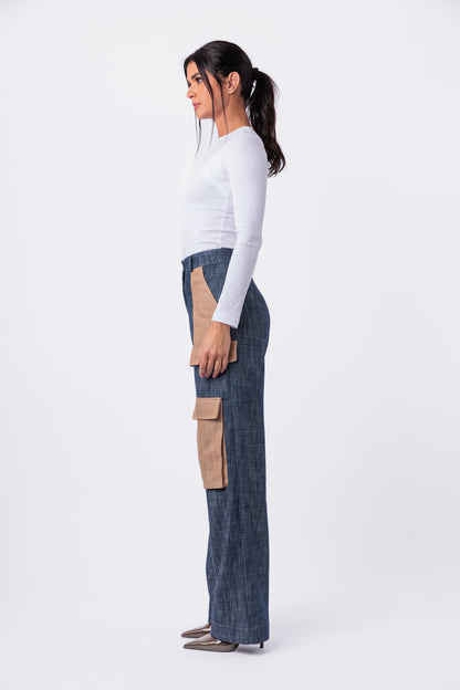 Contrast Denim Utility Wide Leg Cargo Pant