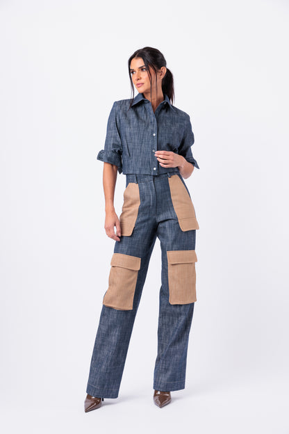 Contrast Denim Utility Wide Leg Cargo Pant