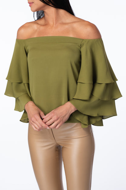 Off-Shoulder Tiered Ruffle Sleeves Blouse