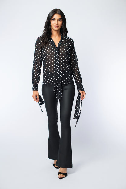 V-Neck Pussy Bow Printed Blouse