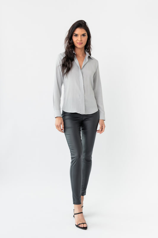 Eyelash-Frayed Classic Button-Down Blouse