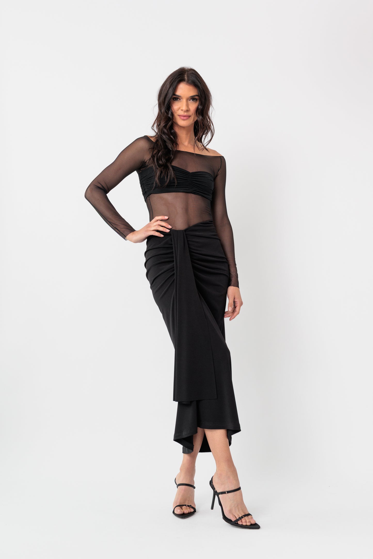 Ruched Draped Midi Skirt