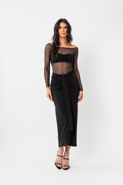 Ruched Draped Midi Skirt