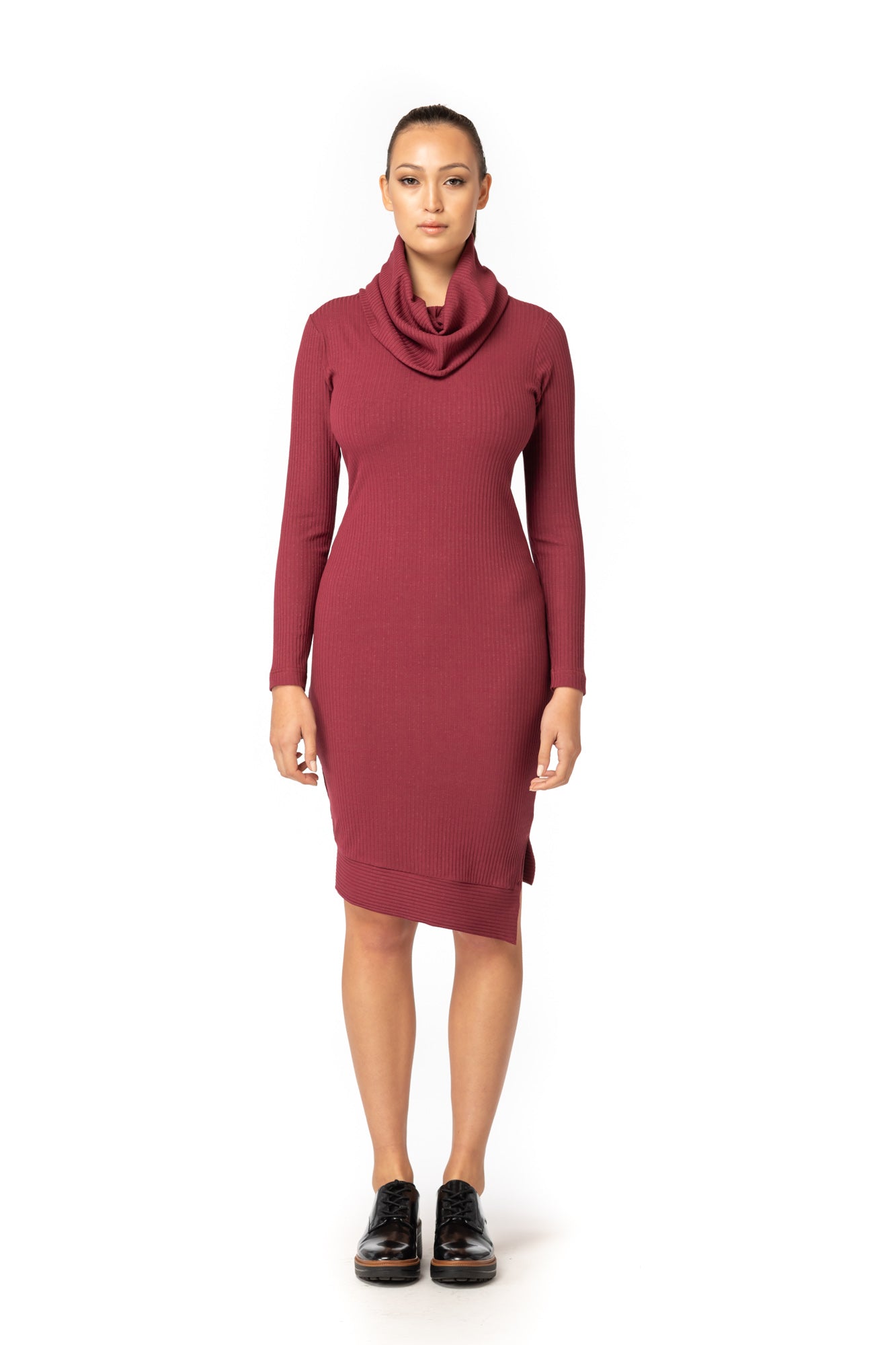 Cowl Turtleneck Dress - 38 / Cranberry Rib with Asymmetrical Hemline Cowl Turtleneck Dress - 38 / Cranberry Rib with Asymmetrical Hemline